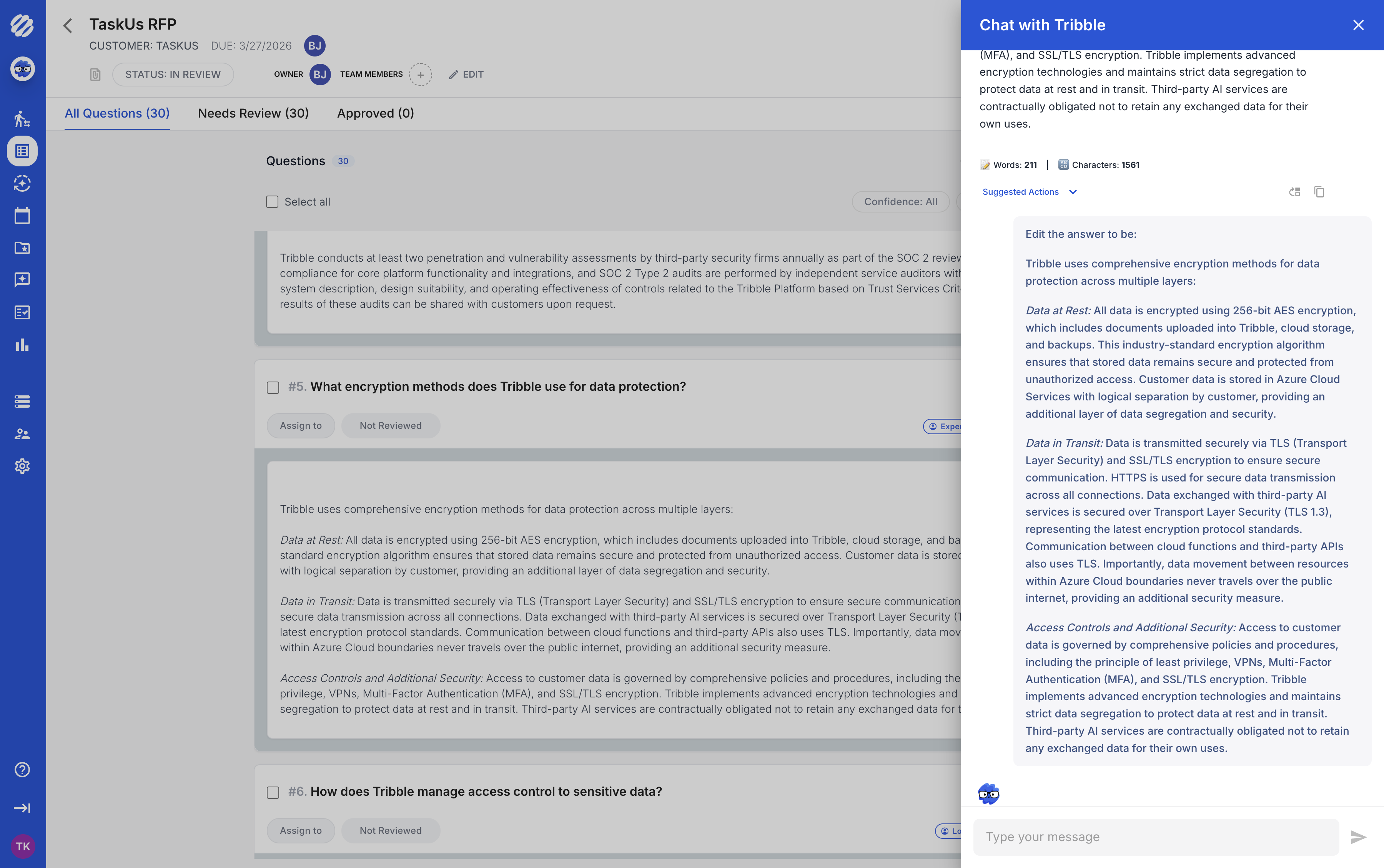 Tribble chat drawer answering a follow-up question from governed knowledge